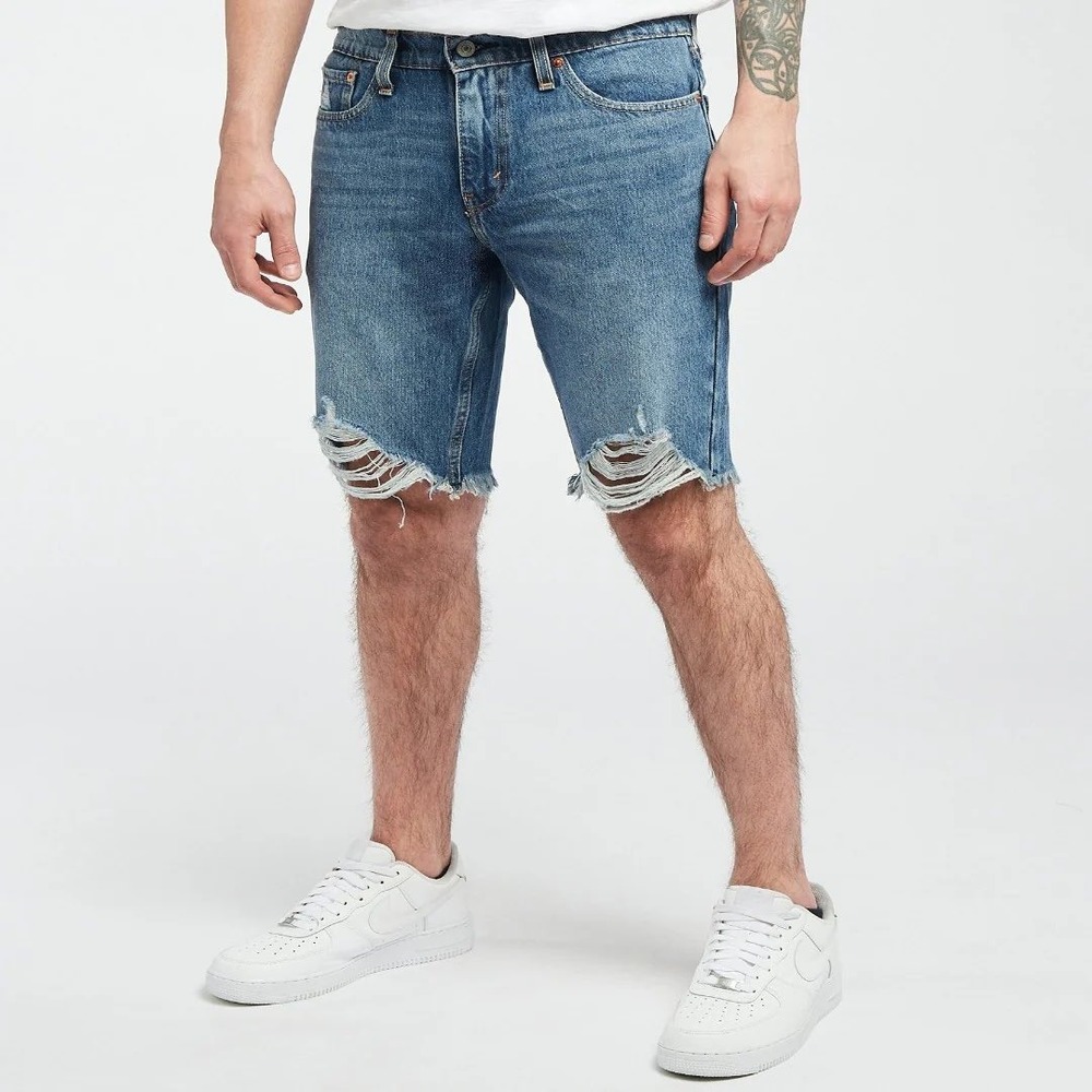Levis 511 Slim Shorts Mens 42 Blue Denim Distressed Raw Hem‎ Stretch